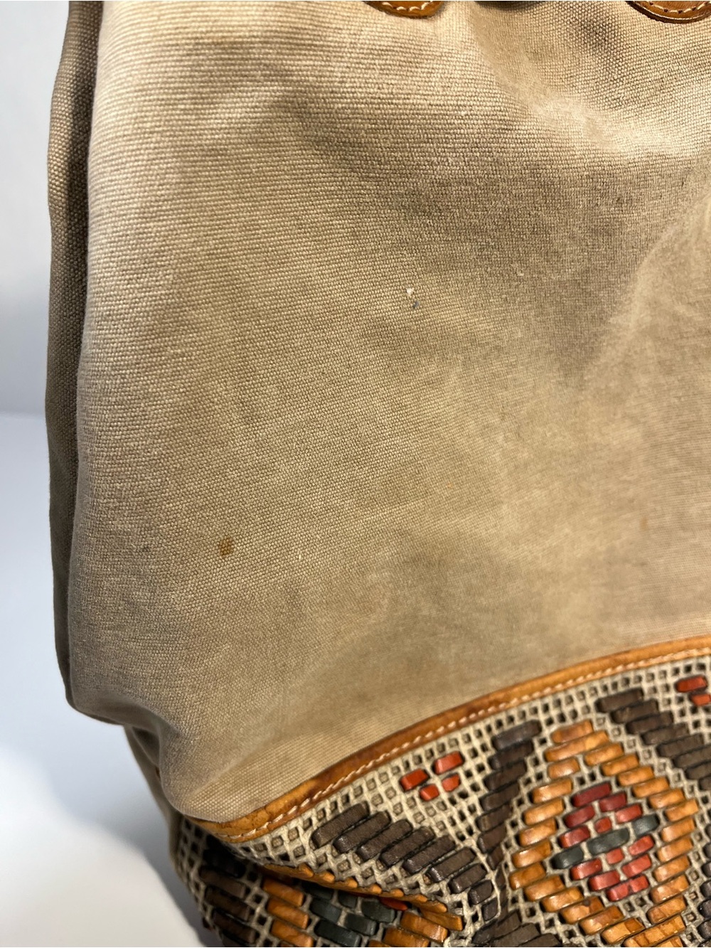 Vintage Fossil Canvas Bucket Backpack Purse Woven Leather Pattern - Picture 8 of 12